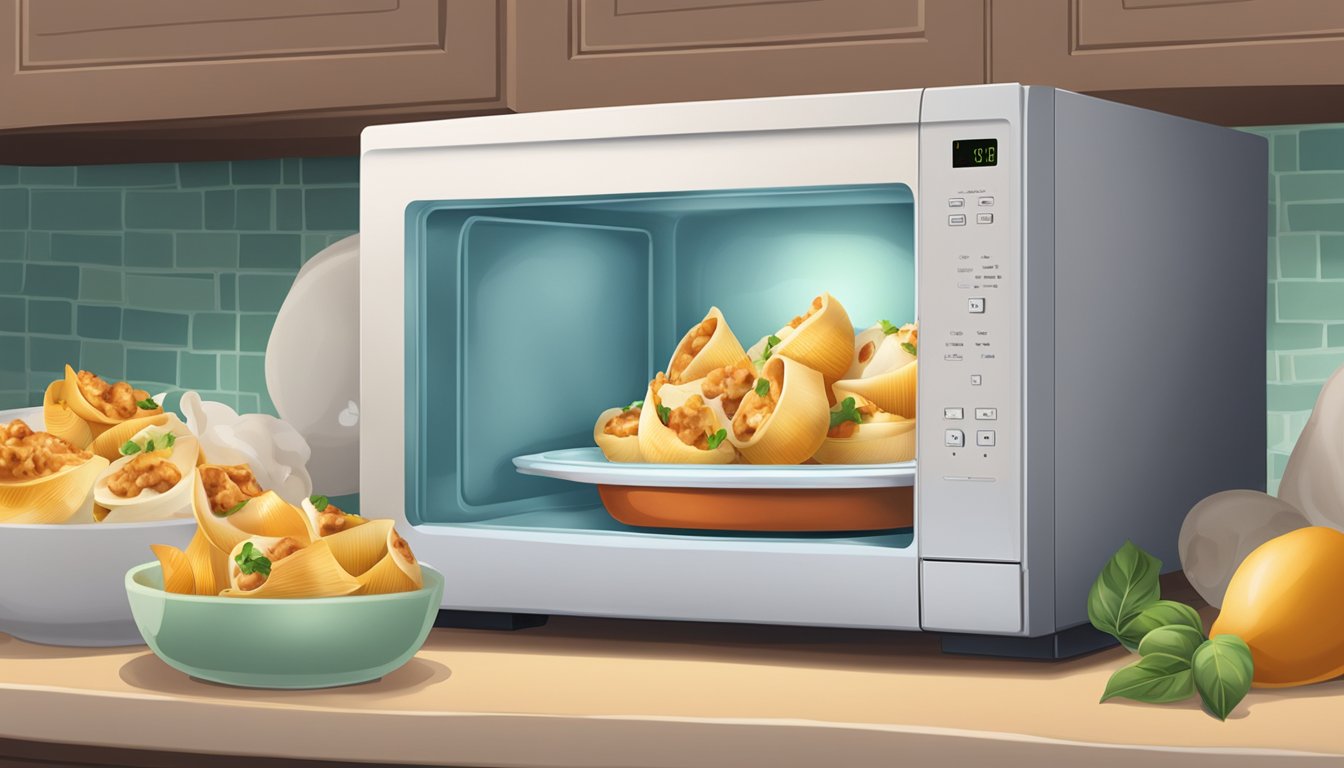 A tray of stuffed shells sits in the center of a microwave, with the door closed and the timer set