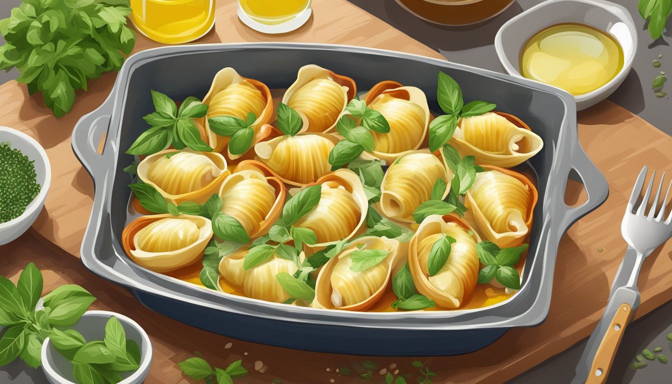 A baking dish of stuffed shells surrounded by fresh herbs and a drizzle of olive oil, ready for reheating in the oven