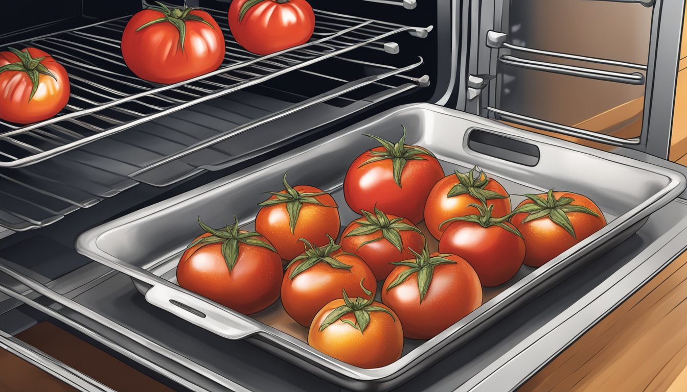 Stuffed tomatoes placed on a baking sheet in the oven. Heat waves rising as the oven door is closed