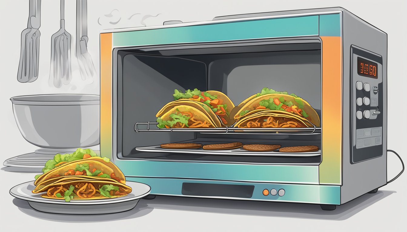 A plate of reheated tacos sits on a wire rack, steam rising from the crispy shells. A microwave and oven are nearby