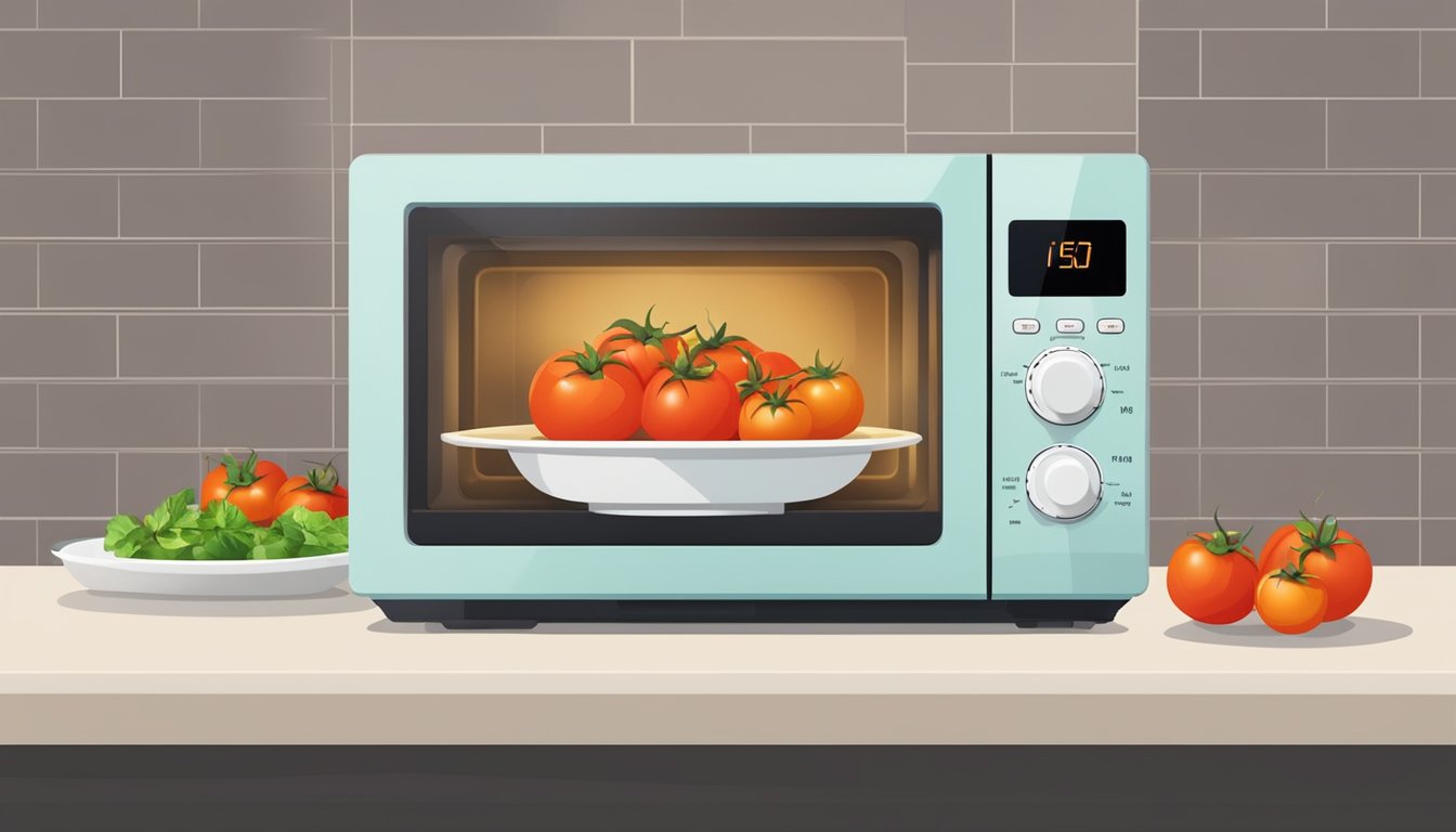 A microwave with a plate of stuffed tomatoes inside, the timer set, and steam rising from the food