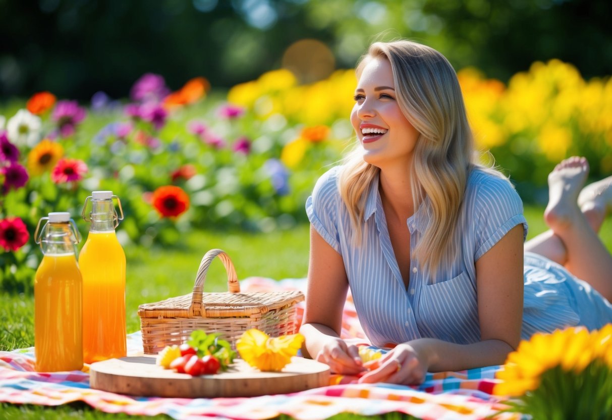 A colorful garden picnic. Sunshine, laughter, and flowers