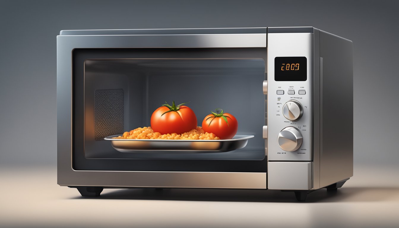 A microwave with a plate of stuffed tomatoes inside, steam rising from the hot food