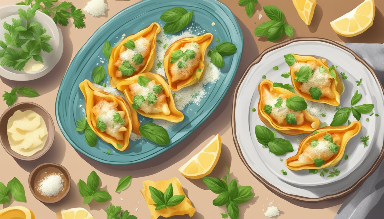 A plate of reheated stuffed shells steaming on a table, surrounded by fresh herbs and a sprinkle of parmesan cheese