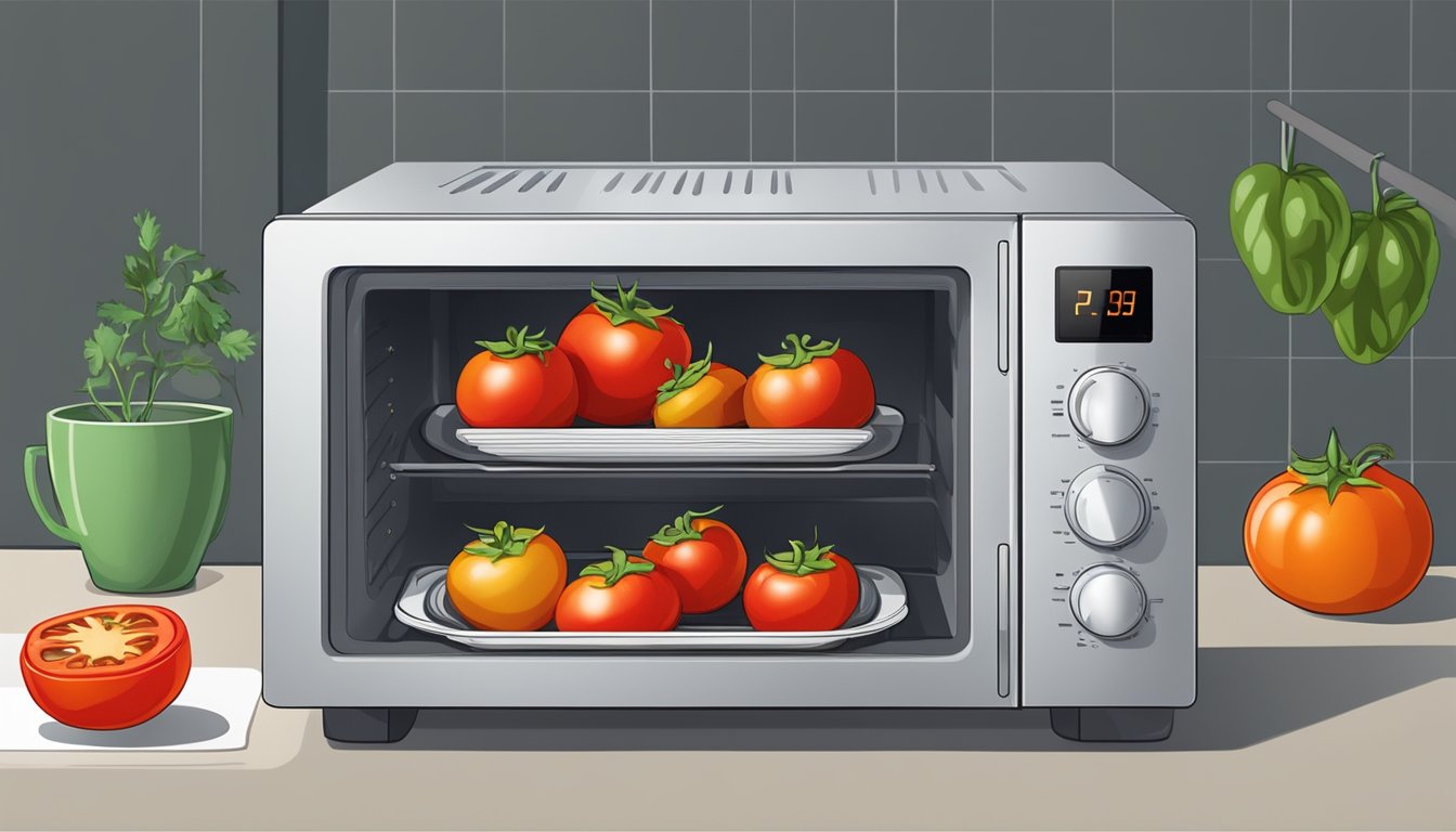 Stuffed tomatoes being reheated in a microwave or oven