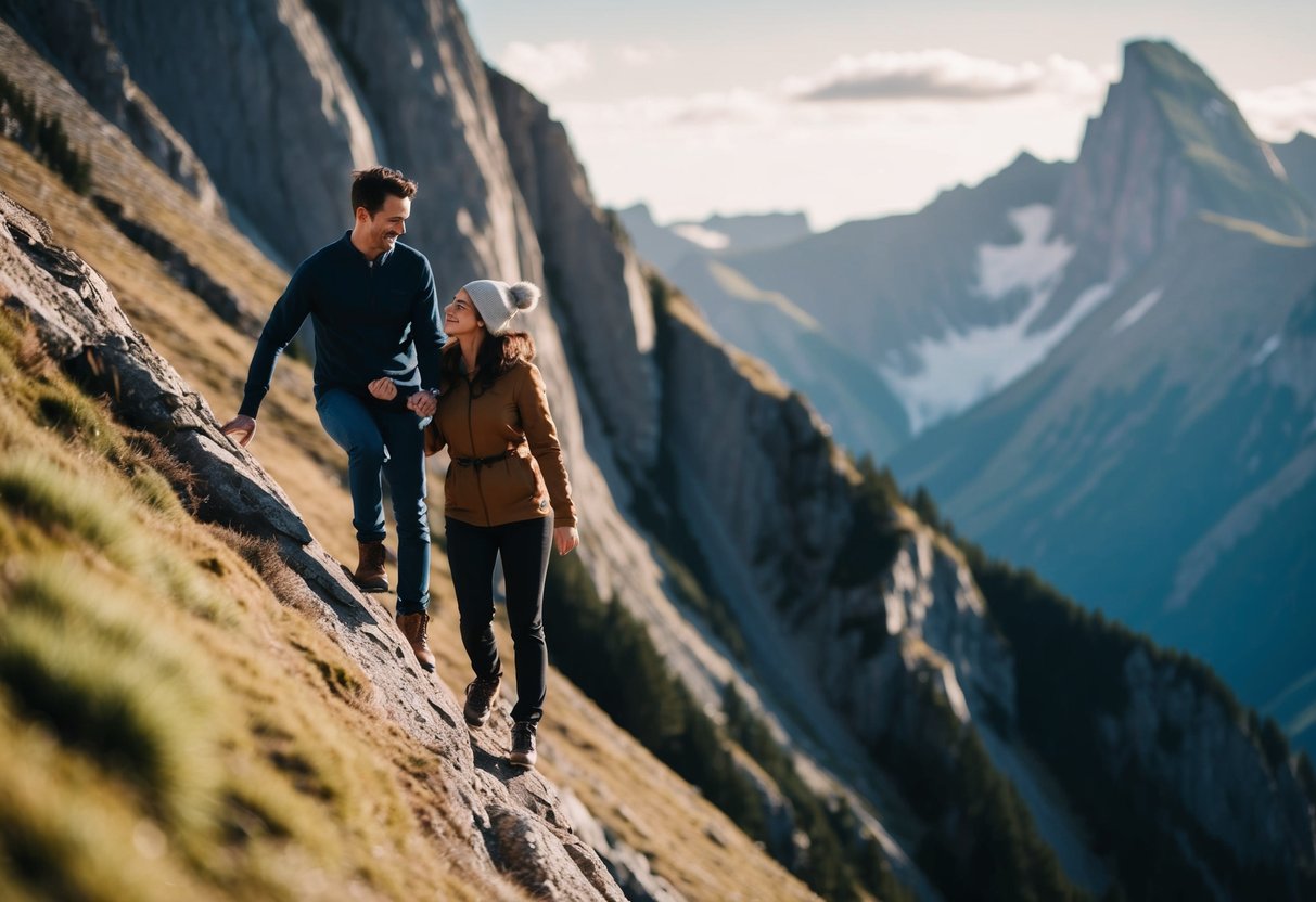 A couple scaling a mountain together