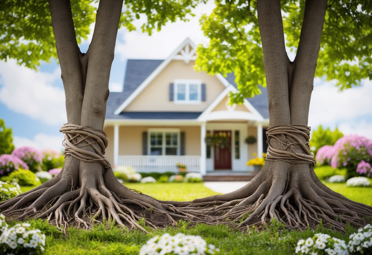 A cozy home with two intertwined trees growing strong roots together, surrounded by blooming flowers