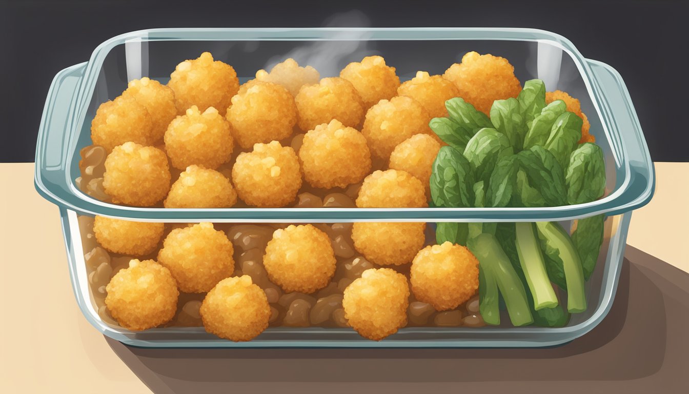 A tater tot casserole sits in a glass baking dish, steaming as it emerges from the oven. Golden brown tater tots cover a creamy mixture of ground beef, cheese, and vegetables