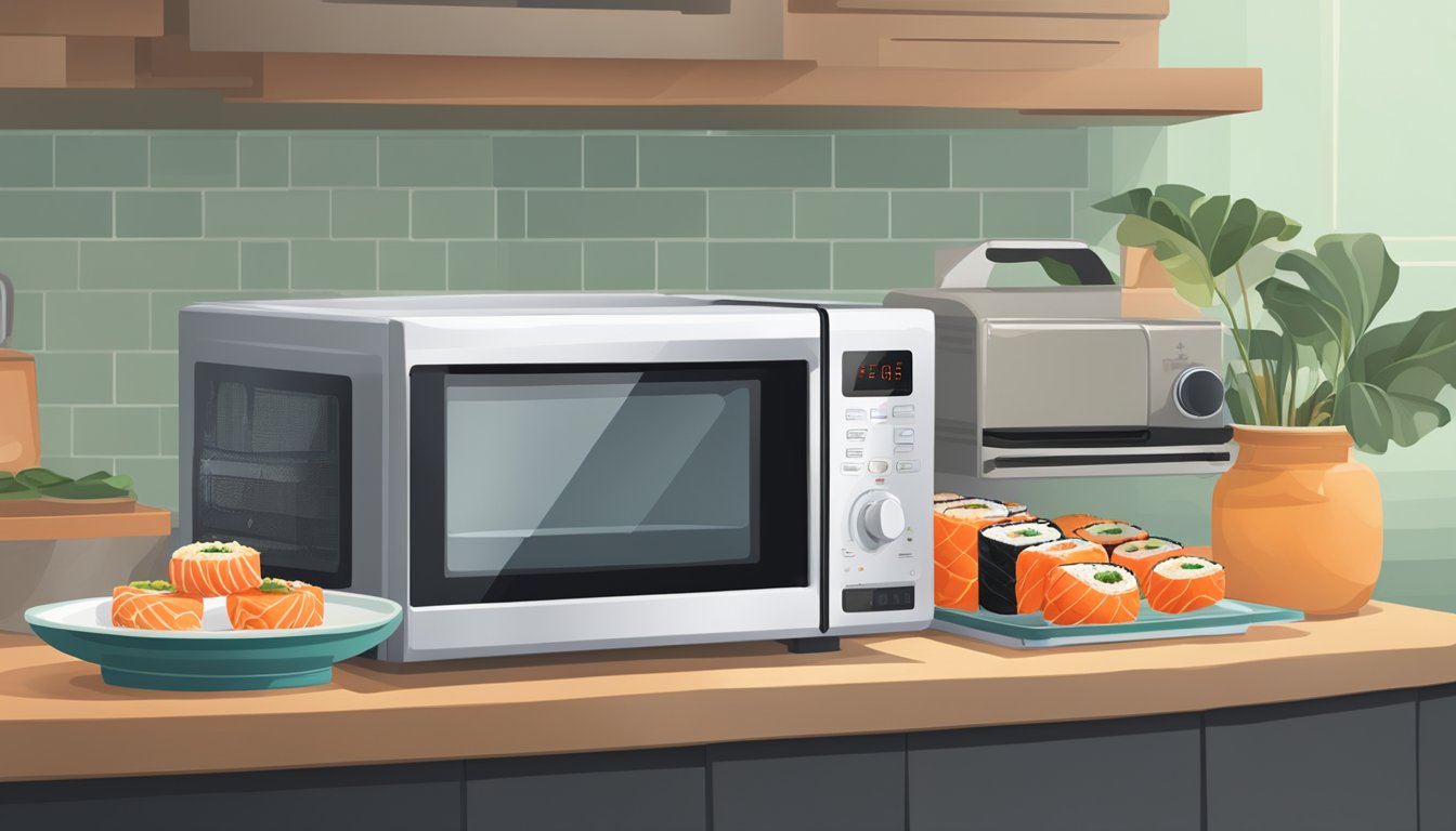 A microwave with a plate of sushi inside, a steaming pot on a stove, and a toaster oven with sushi on a tray