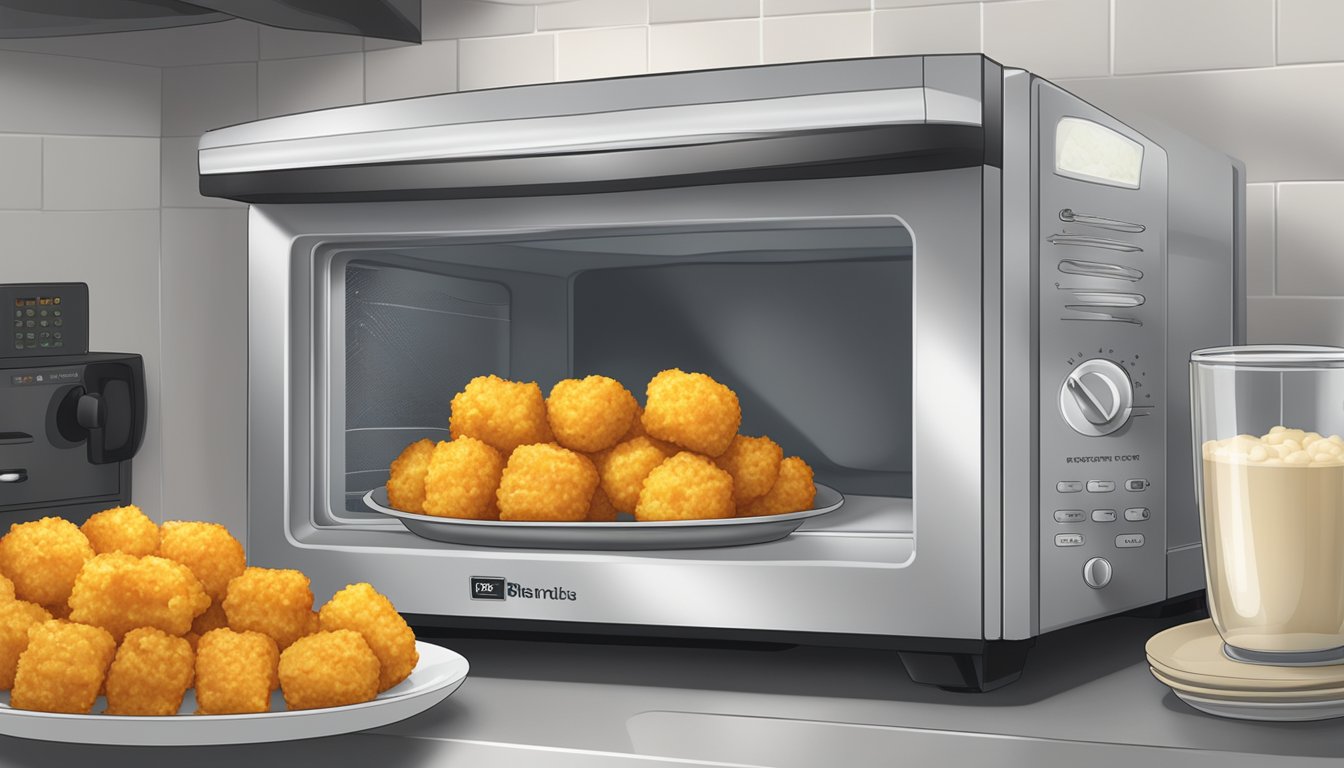 A microwave with a steaming tater tot casserole on a plate