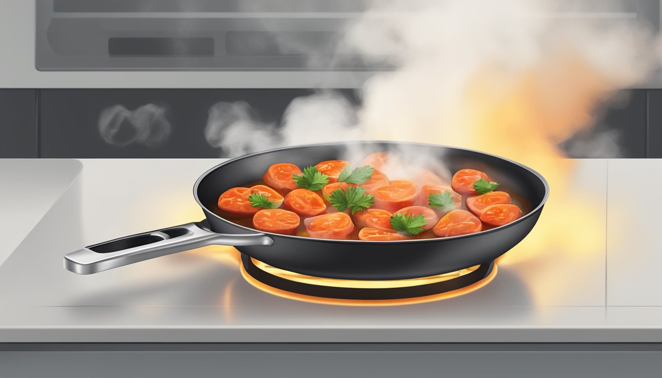 A plate of sucuk sizzling in a hot skillet, steam rising as it is being reheated