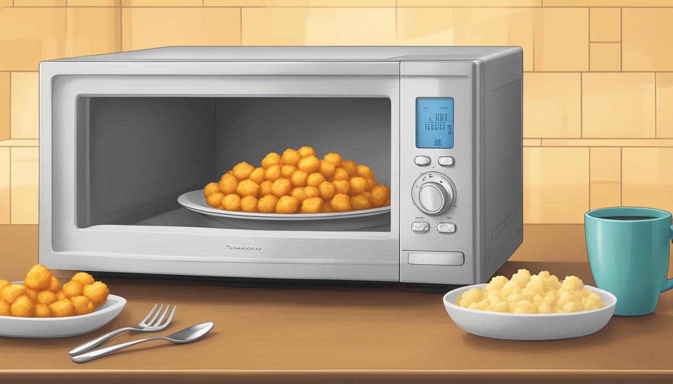 A microwave with a steaming dish of tater tot casserole inside, with a fork nearby