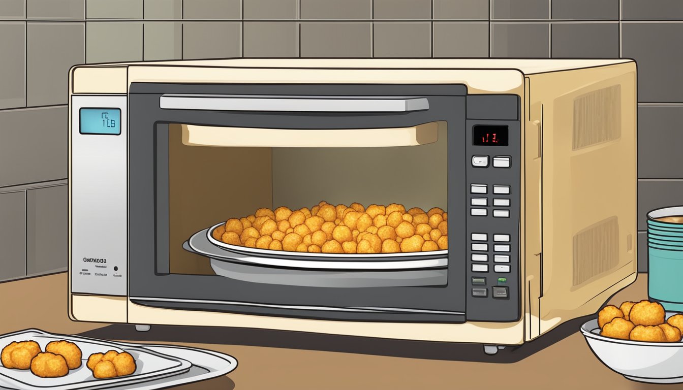 A microwave with a tater tot casserole inside, steaming hot