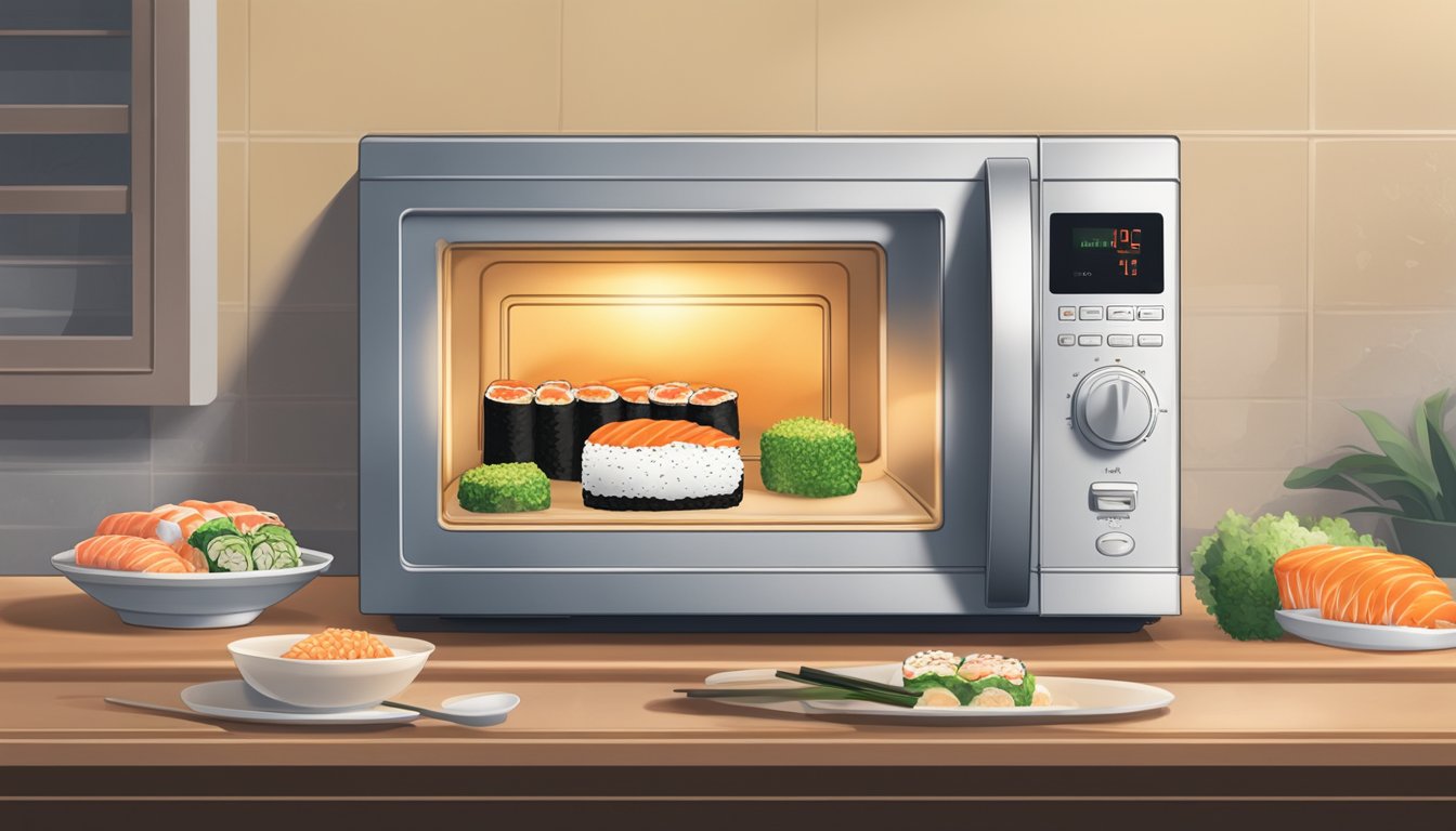 A microwave with a plate of sushi inside, steam rising from the food as it heats up