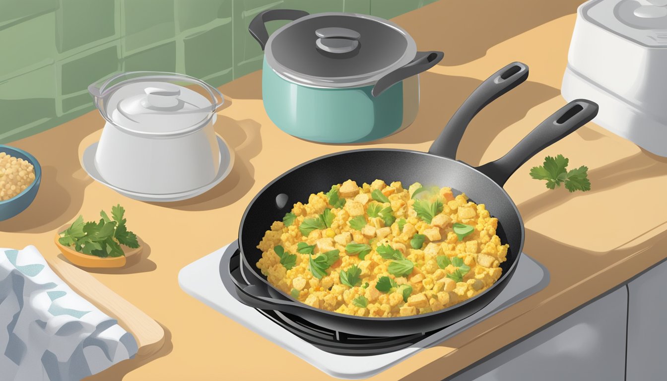 A skillet with reheated tofu scramble on a stovetop, steam rising