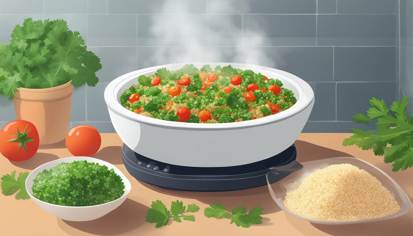 A bowl of tabbouleh being gently warmed in a microwave, steam rising from the vibrant mixture of parsley, tomatoes, and bulgur