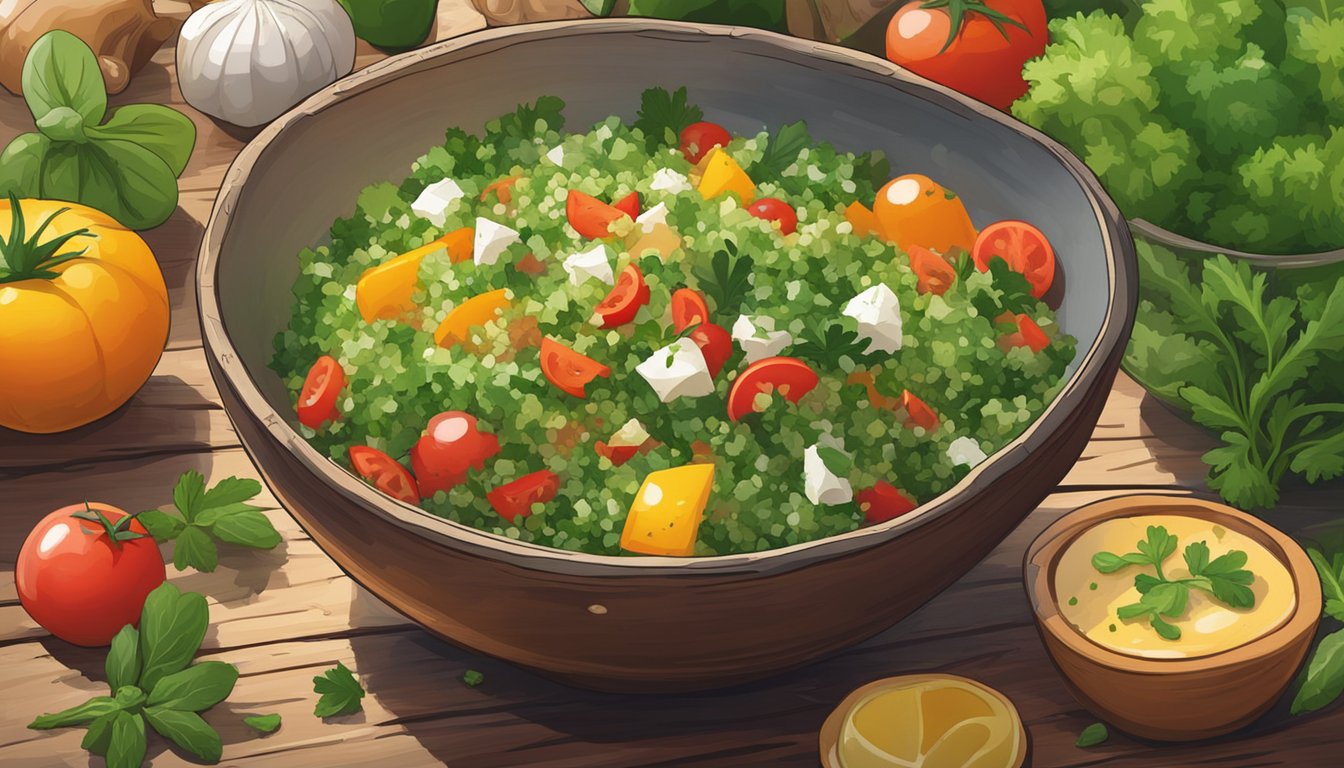 A colorful bowl of tabbouleh sits on a rustic wooden table, surrounded by fresh herbs and vibrant vegetables. A gentle steam rises from the dish, indicating it has been freshly reheated