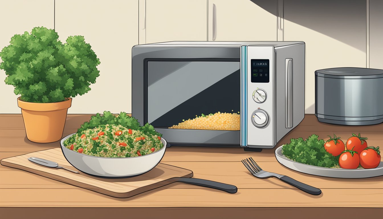 A bowl of tabbouleh sits on a wooden cutting board next to a microwave, with a fork resting on the side