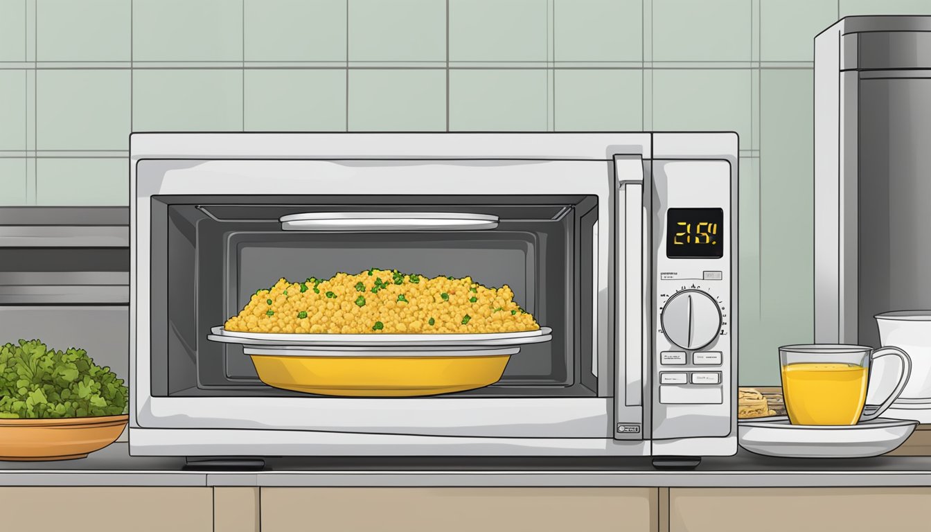 A microwave with a plate of tofu scramble inside, the timer counting down