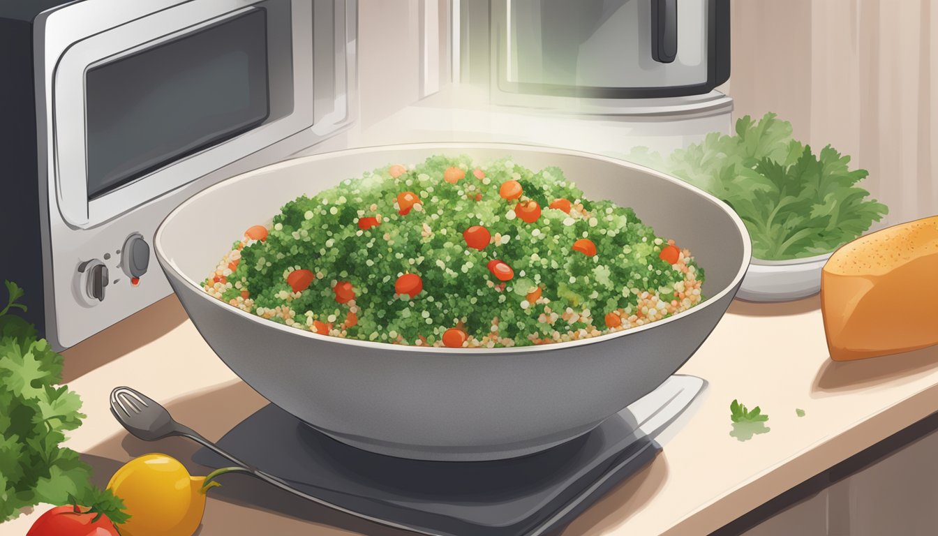 A bowl of tabbouleh being gently reheated in a microwave