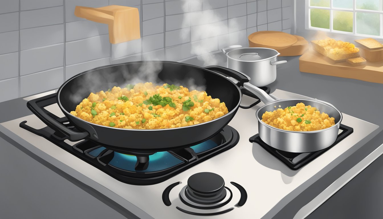 A frying pan sizzling on a stovetop, filled with tofu scramble being reheated, steam rising from the pan