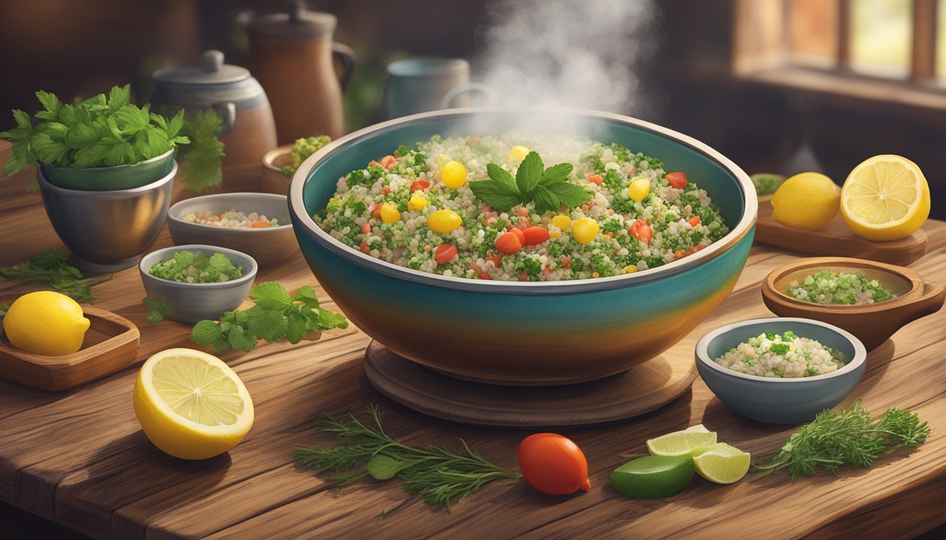 A steaming bowl of tabbouleh sits on a rustic wooden table, surrounded by colorful bowls of customizable toppings. Steam rises from the bowl as the aroma of fresh herbs and lemon fills the air