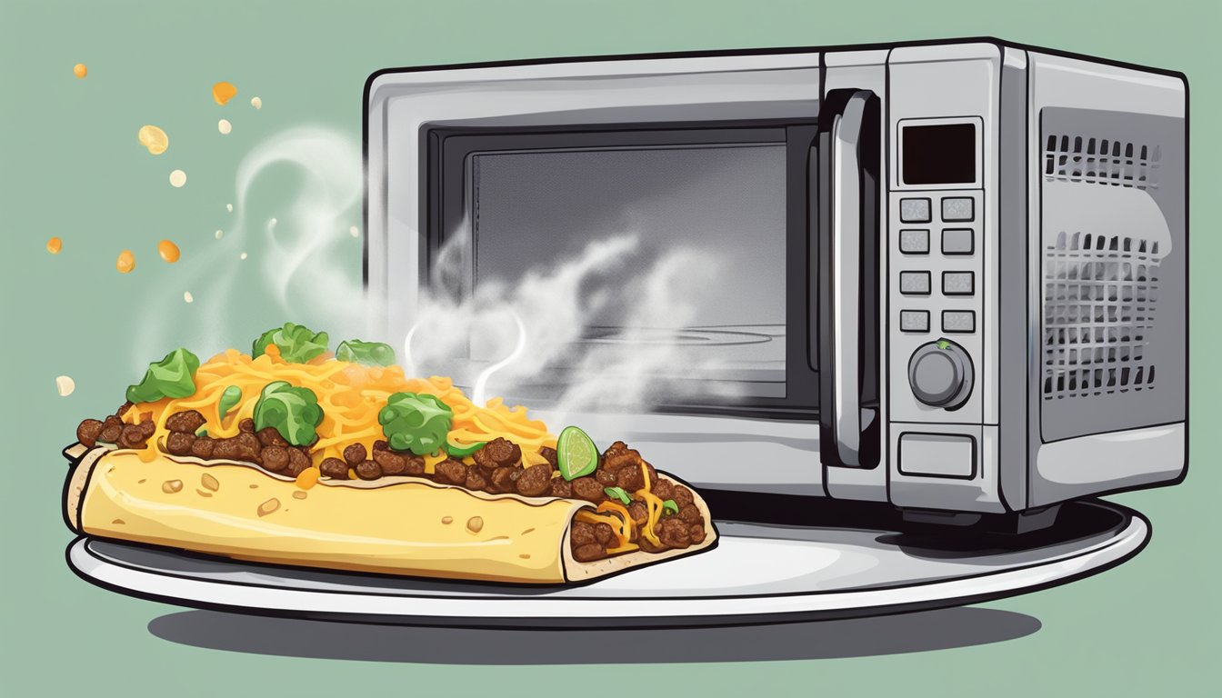 A slice of taco pizza being reheated in a microwave on a plate, with steam rising from the melted cheese and toppings