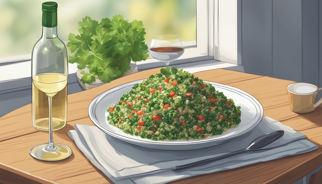 A plate of tabbouleh being reheated in the microwave, next to a glass of white wine on a wooden table