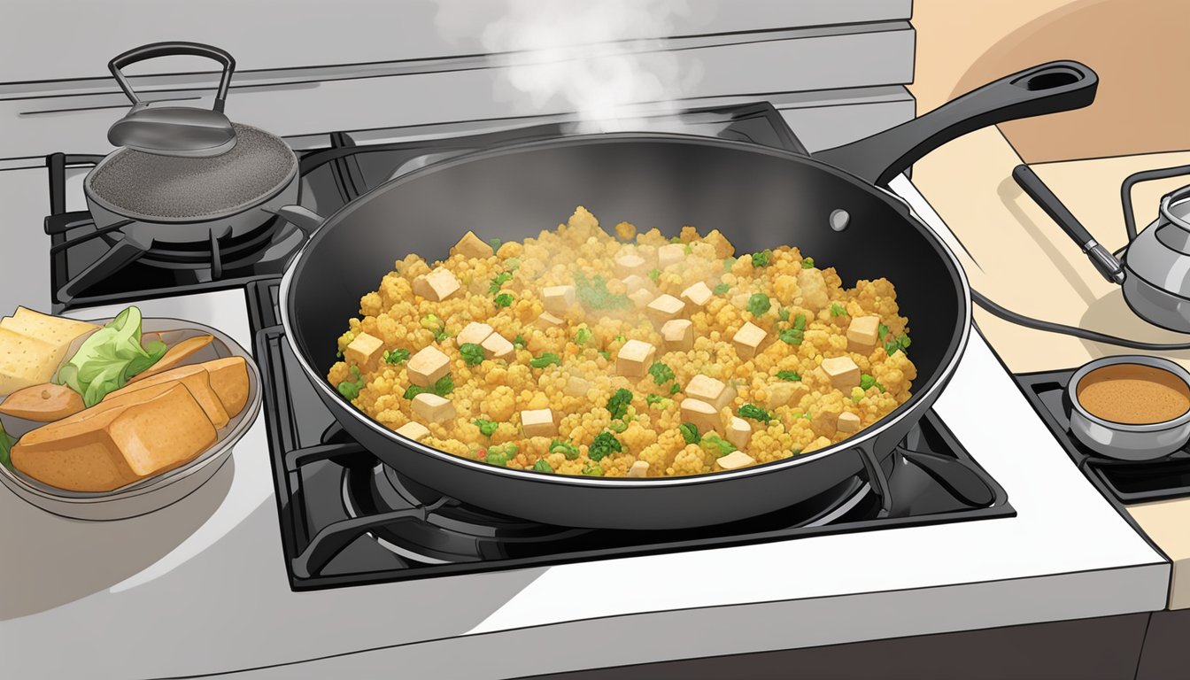 A skillet with tofu scramble being reheated over a stovetop, with steam rising from the sizzling tofu