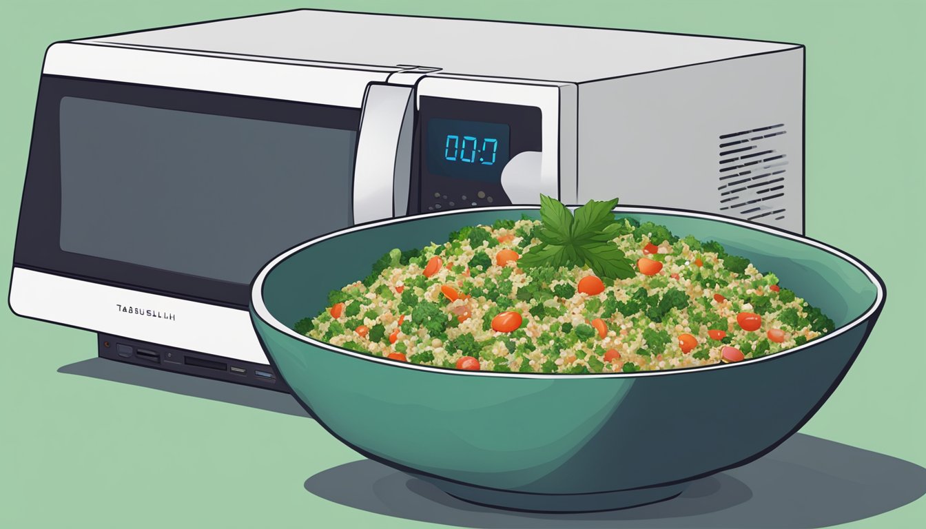 A bowl of tabbouleh being reheated in a microwave