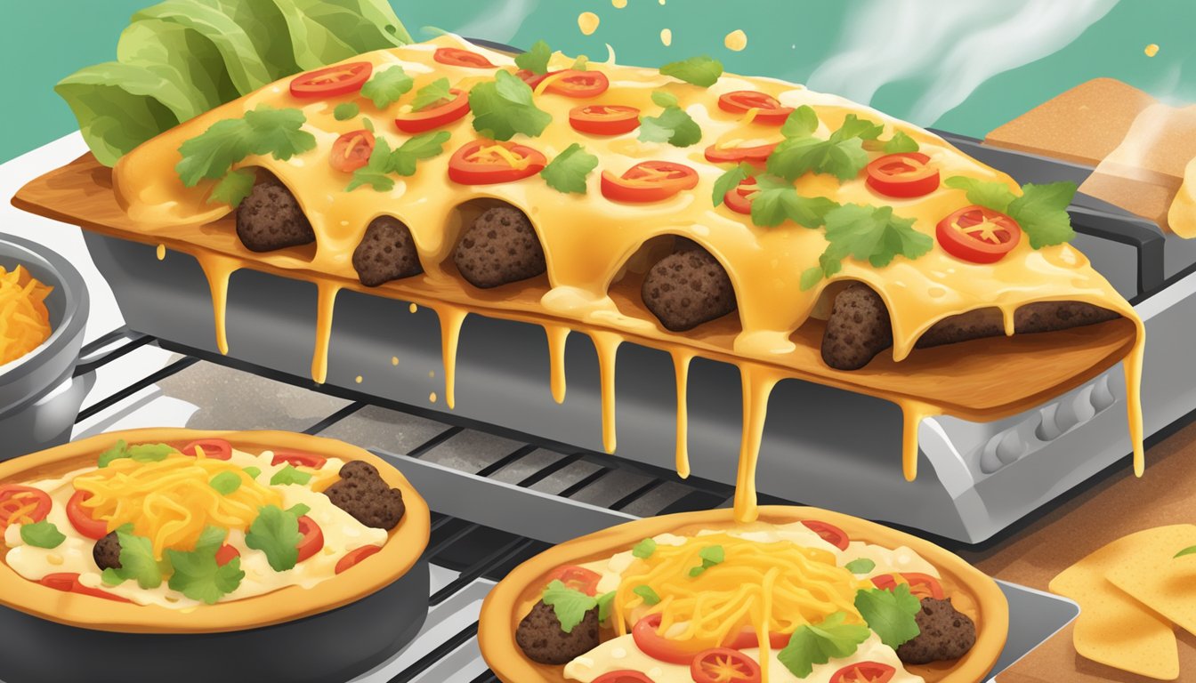 A slice of taco pizza being removed from the oven, with steam rising and melted cheese bubbling on top