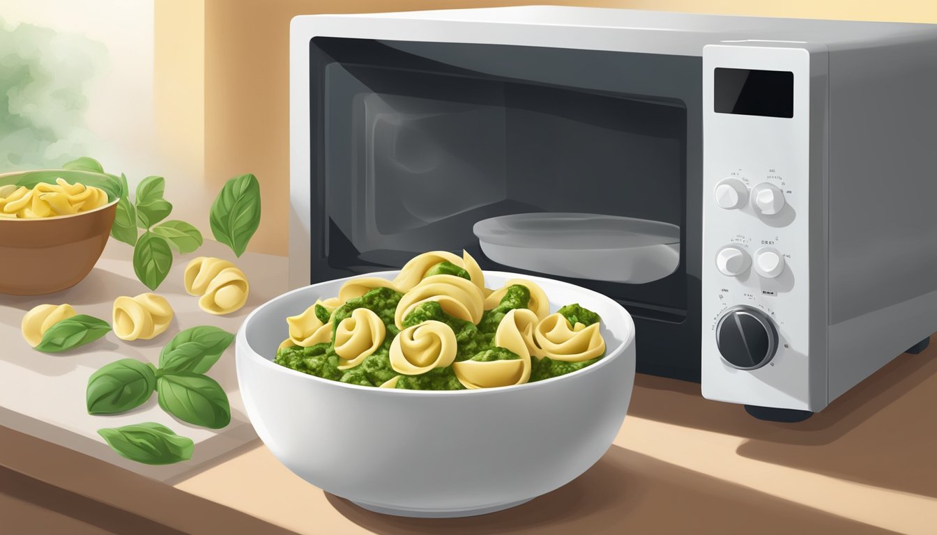 A bowl of tortellini with pesto is being heated in a microwave