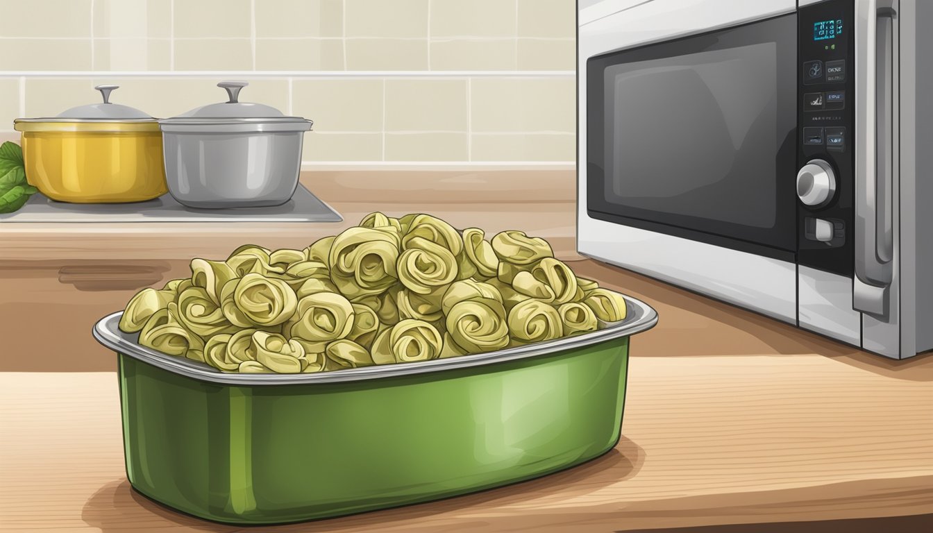 A container of leftover tortellini with pesto sits in the refrigerator next to a microwave