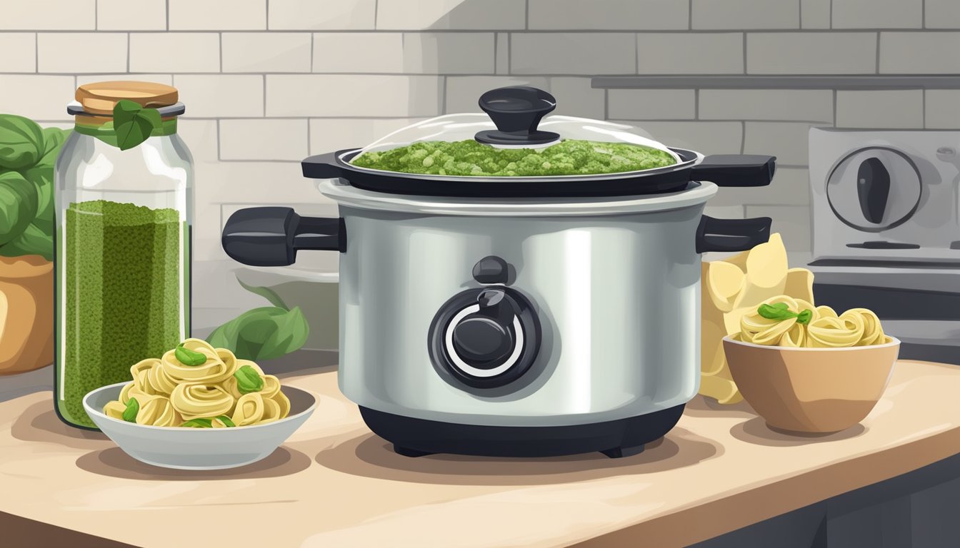 A pot of boiling water with tortellini and a jar of pesto on the counter