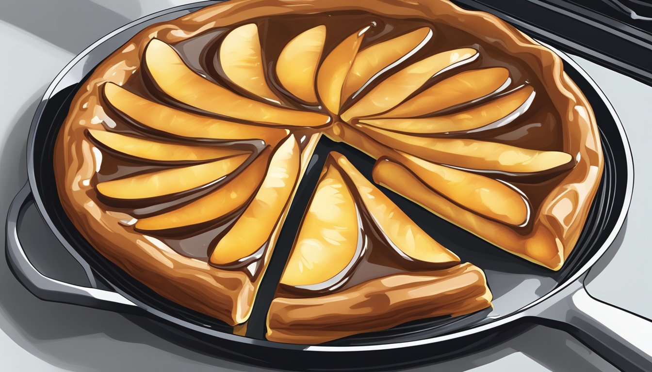 A slice of Tarte Tatin being gently reheated in a pan on a stovetop. The caramelized apples glisten as they warm, filling the air with a sweet aroma