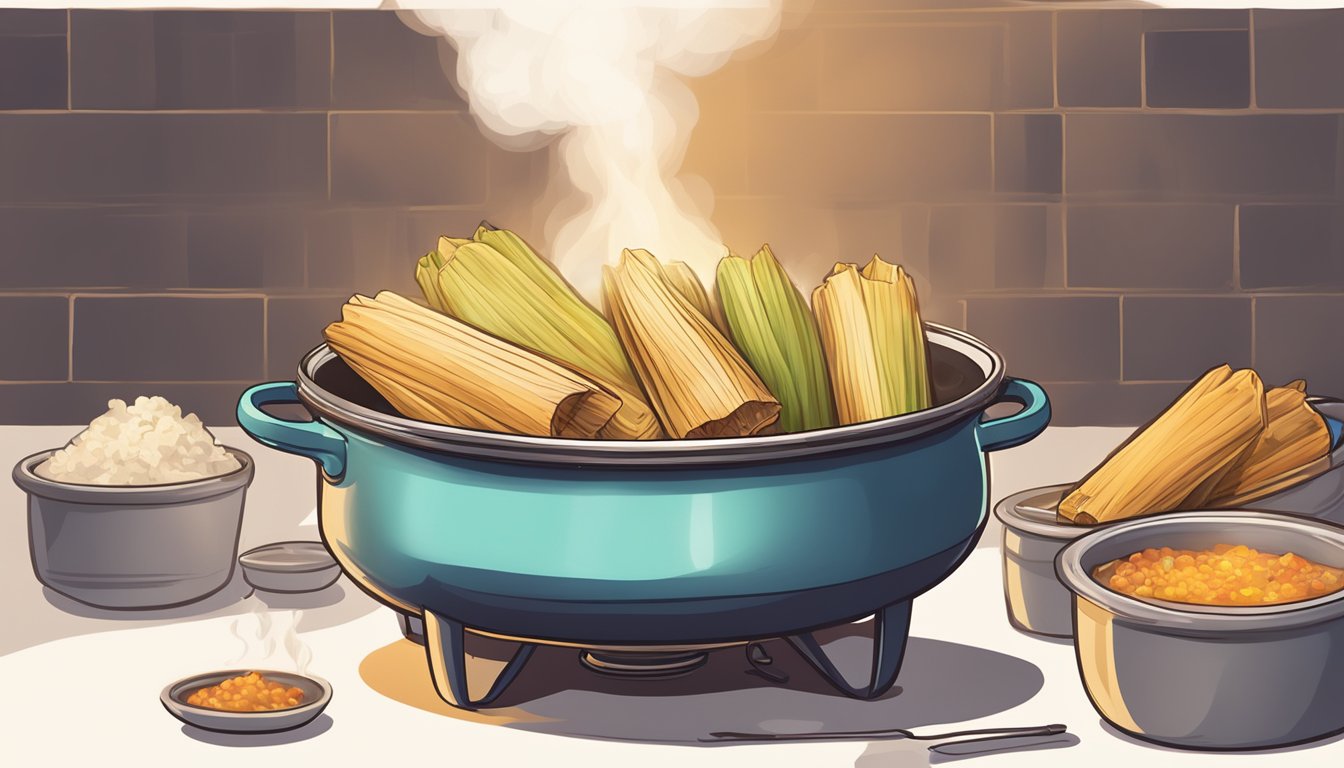 A steaming pot of tamales being gently reheated over a low flame, surrounded by aromatic steam and the sound of sizzling