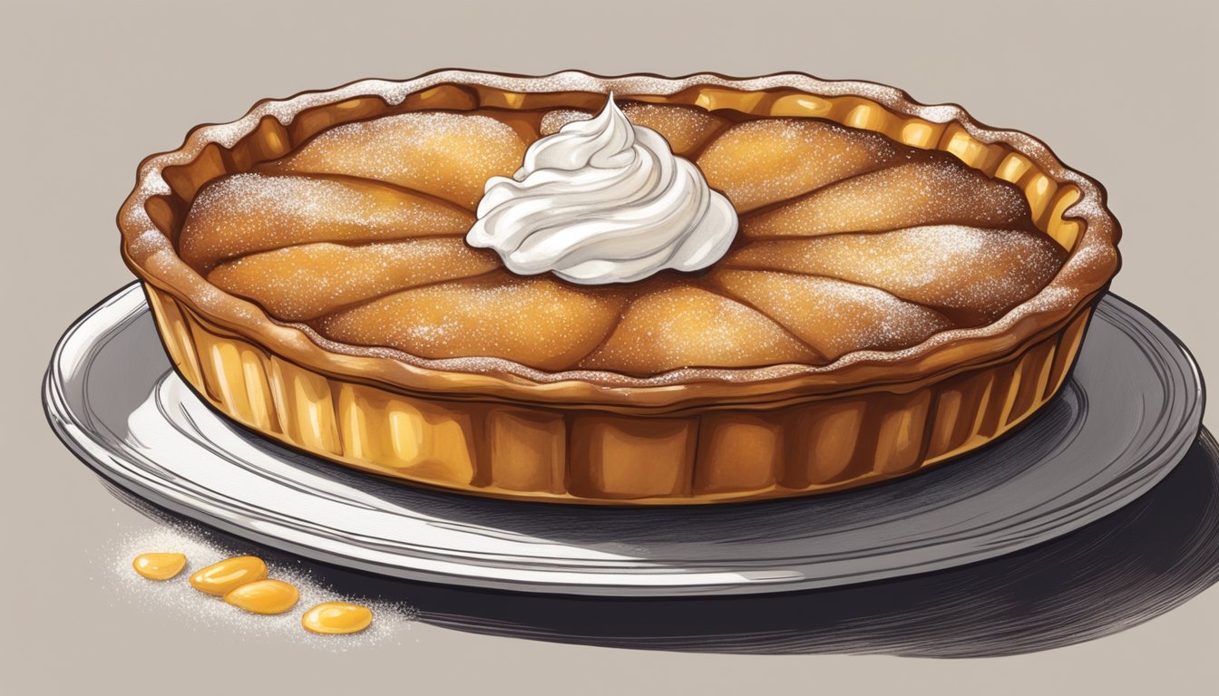 A golden-brown tarte tatin sits on a rustic, oven-safe dish, surrounded by a sprinkle of powdered sugar and a dollop of whipped cream