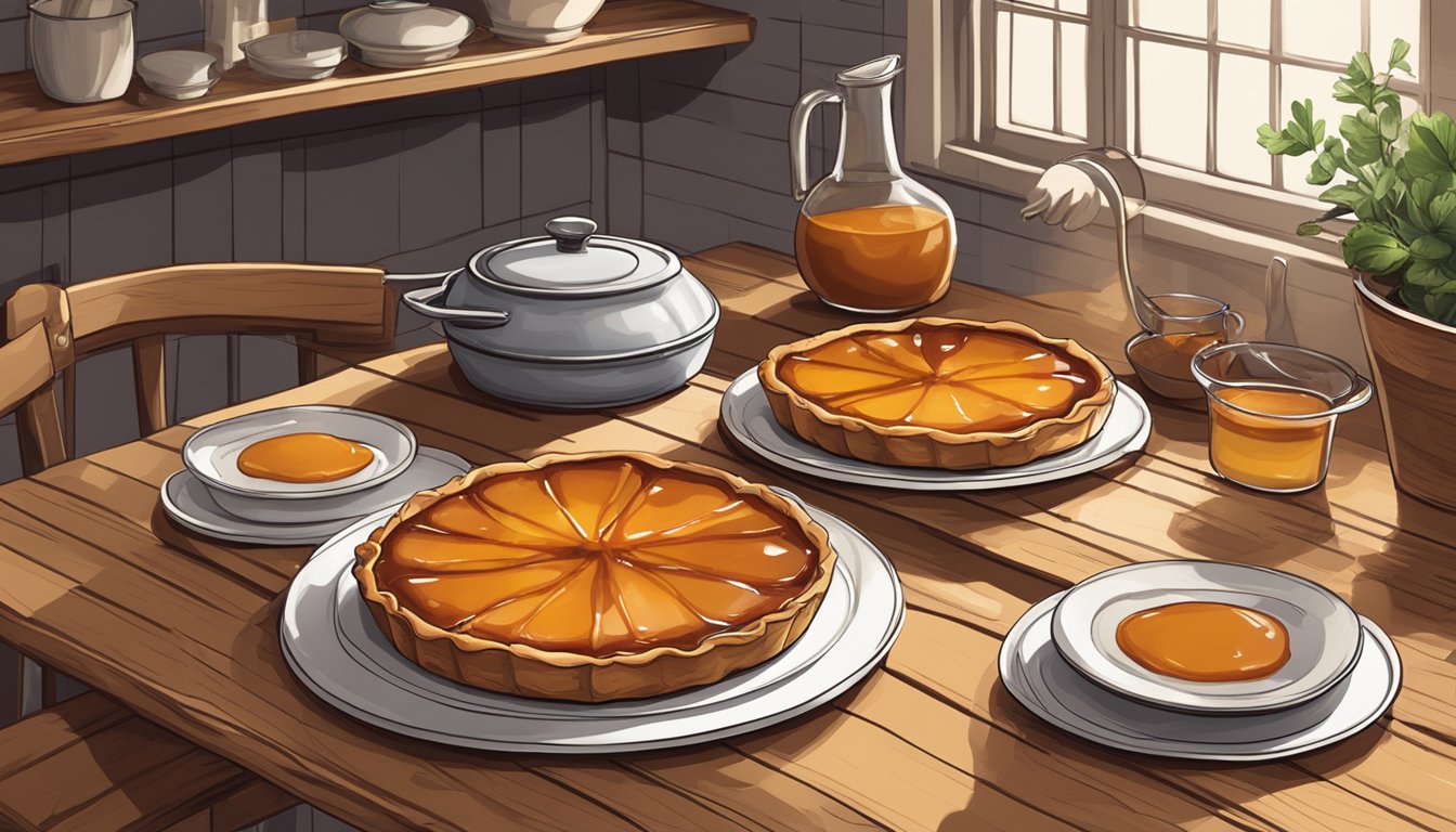 A rustic kitchen with a wooden table set for two, featuring a freshly baked Tarte Tatin cooling on a wire rack, with a pot of caramel sauce nearby