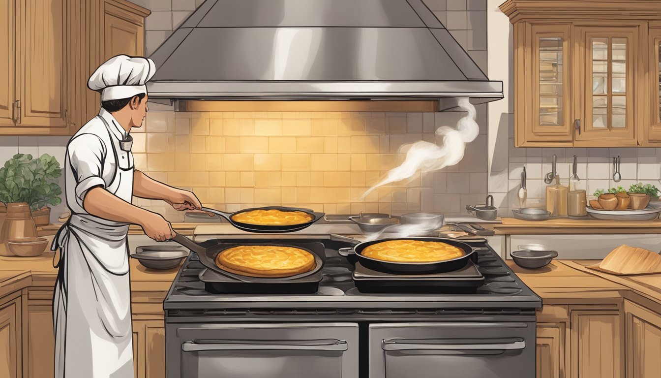 A rustic kitchen with a bubbling cast iron skillet on a stovetop, emitting a sweet aroma, as a chef uses a spatula to carefully flip a golden tarte tatin onto a serving platter