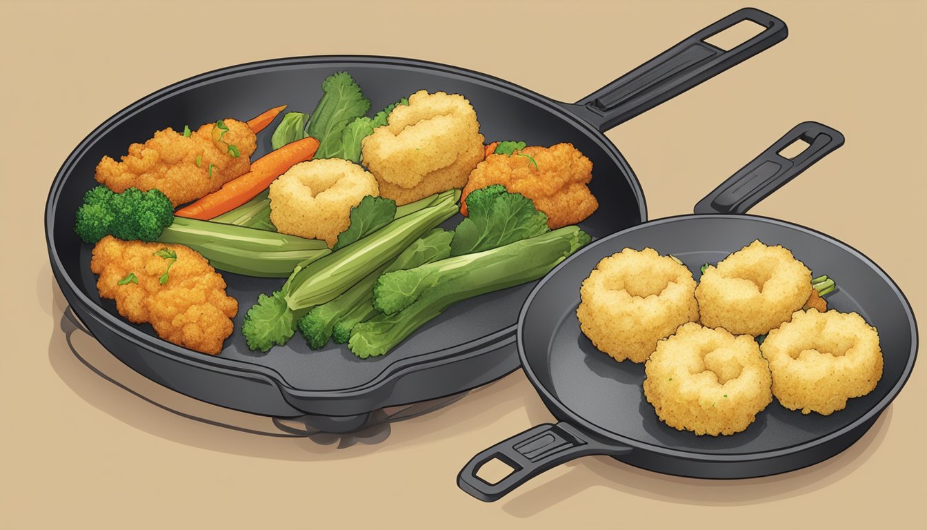 A plate of tempura vegetables being reheated in a frying pan over medium heat