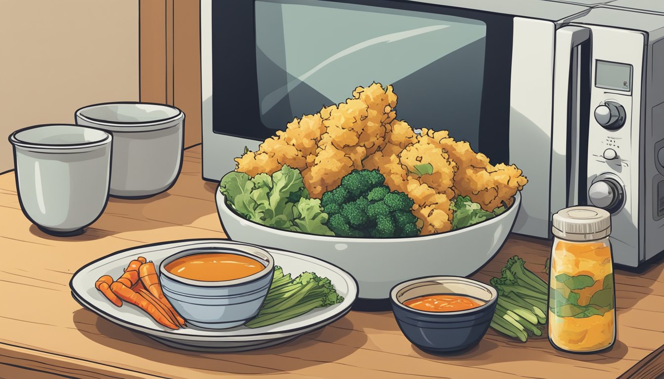 A plate of leftover tempura vegetables sits on a wooden table next to a microwave and a bowl of dipping sauce