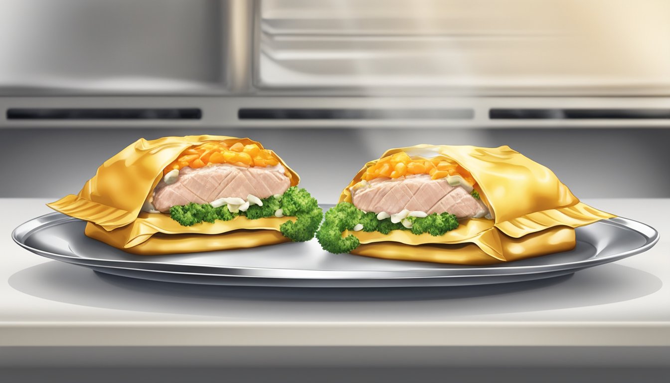 A plate with two tuna melts wrapped in foil, placed in the oven