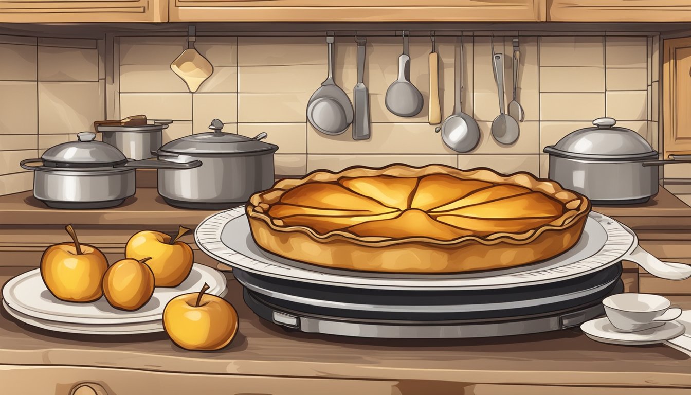 A rustic kitchen with a golden-brown tarte tatin baking in the oven, surrounded by the aroma of caramelized apples and buttery pastry