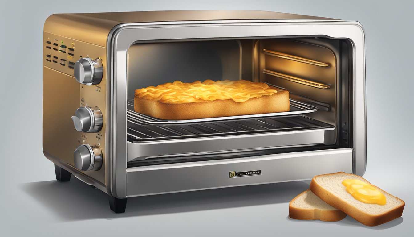 A toaster oven with a golden-brown tuna melt inside, emitting steam