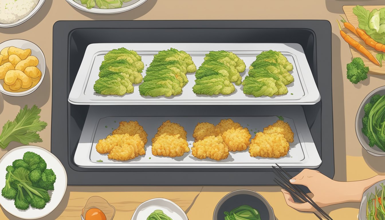 A plate of tempura vegetables being placed in a preheated oven on a baking sheet