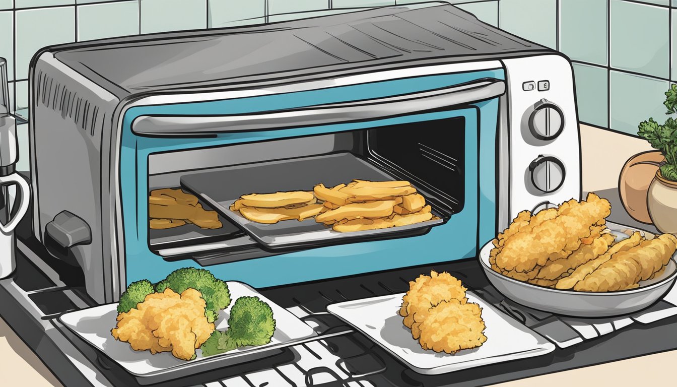 A toaster oven and stovetop sit next to a plate of tempura vegetables, ready to be reheated