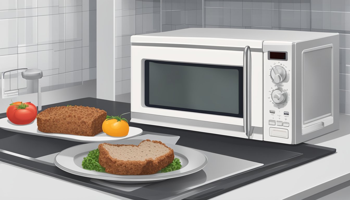 A plate of turkey meatloaf sits inside a microwave, with the door closed and the timer set