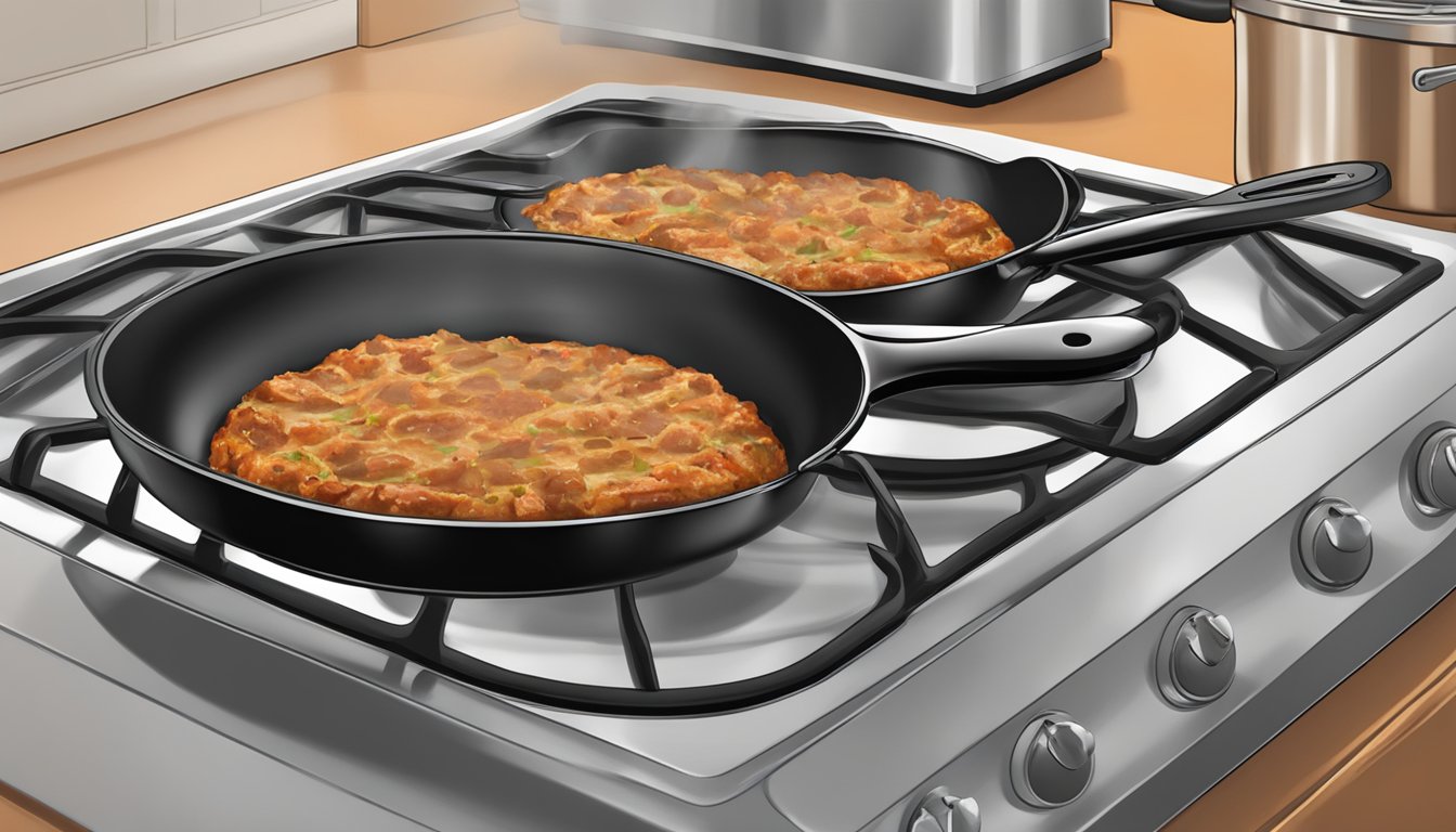 A stovetop with a skillet containing slices of turkey meatloaf being reheated over medium heat