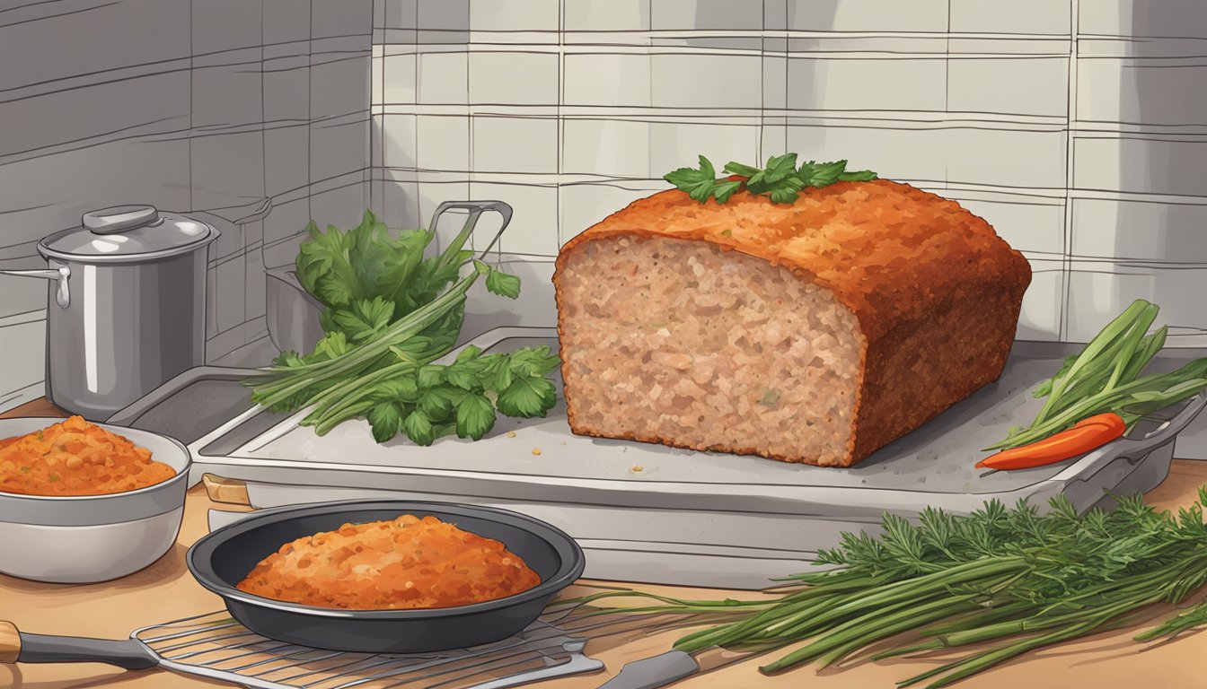 A steaming slice of turkey meatloaf being reheated in the oven, surrounded by aromatic herbs and spices