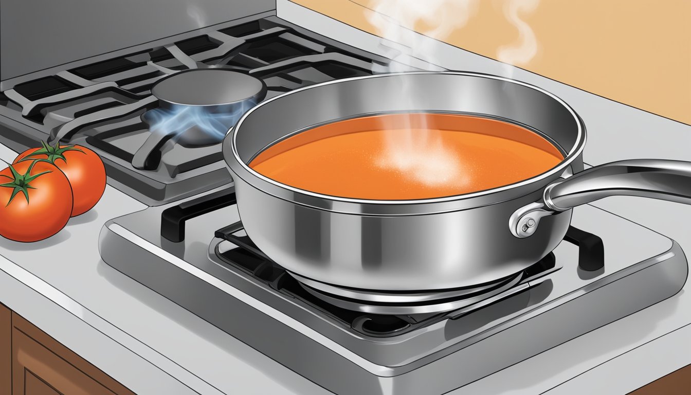 A pot of tomato bisque being gently reheated on a stovetop, with steam rising from the surface and a ladle resting on the edge